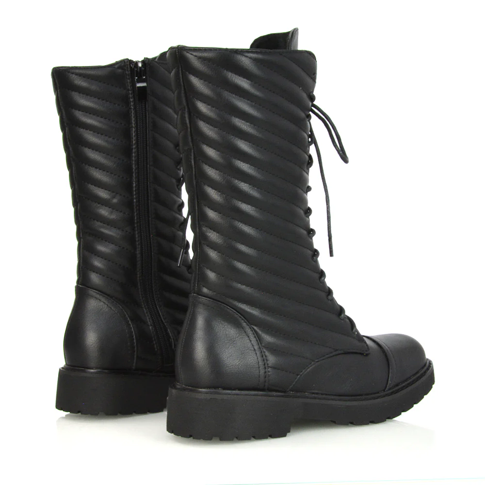 Meadow Padded Detail Zip-up Flat Biker Lace up Ankle Combat Boots in Black Patent - Image 15