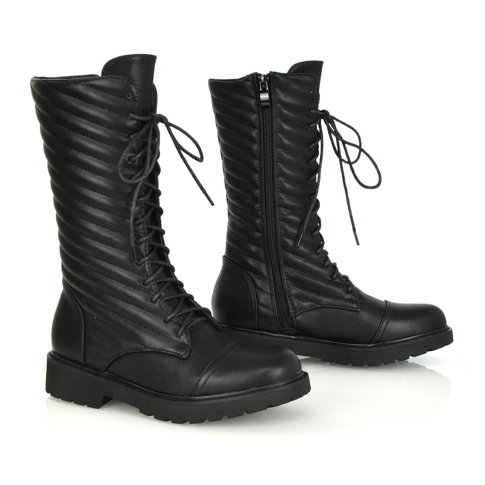 Meadow Padded Detail Zip-up Flat Biker Lace up Ankle Combat Boots in Black Patent - Image 26