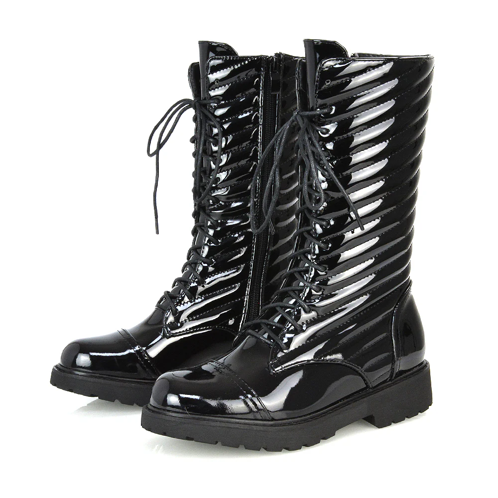 Meadow Padded Detail Zip-up Flat Biker Lace up Ankle Combat Boots in Black Patent - Image 4