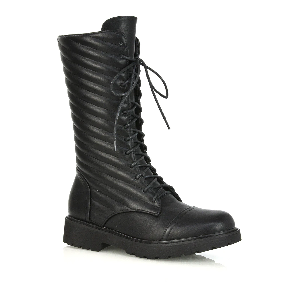 Meadow Padded Detail Zip-up Flat Biker Lace up Ankle Combat Boots in Black Synthetic Leather - Image 12