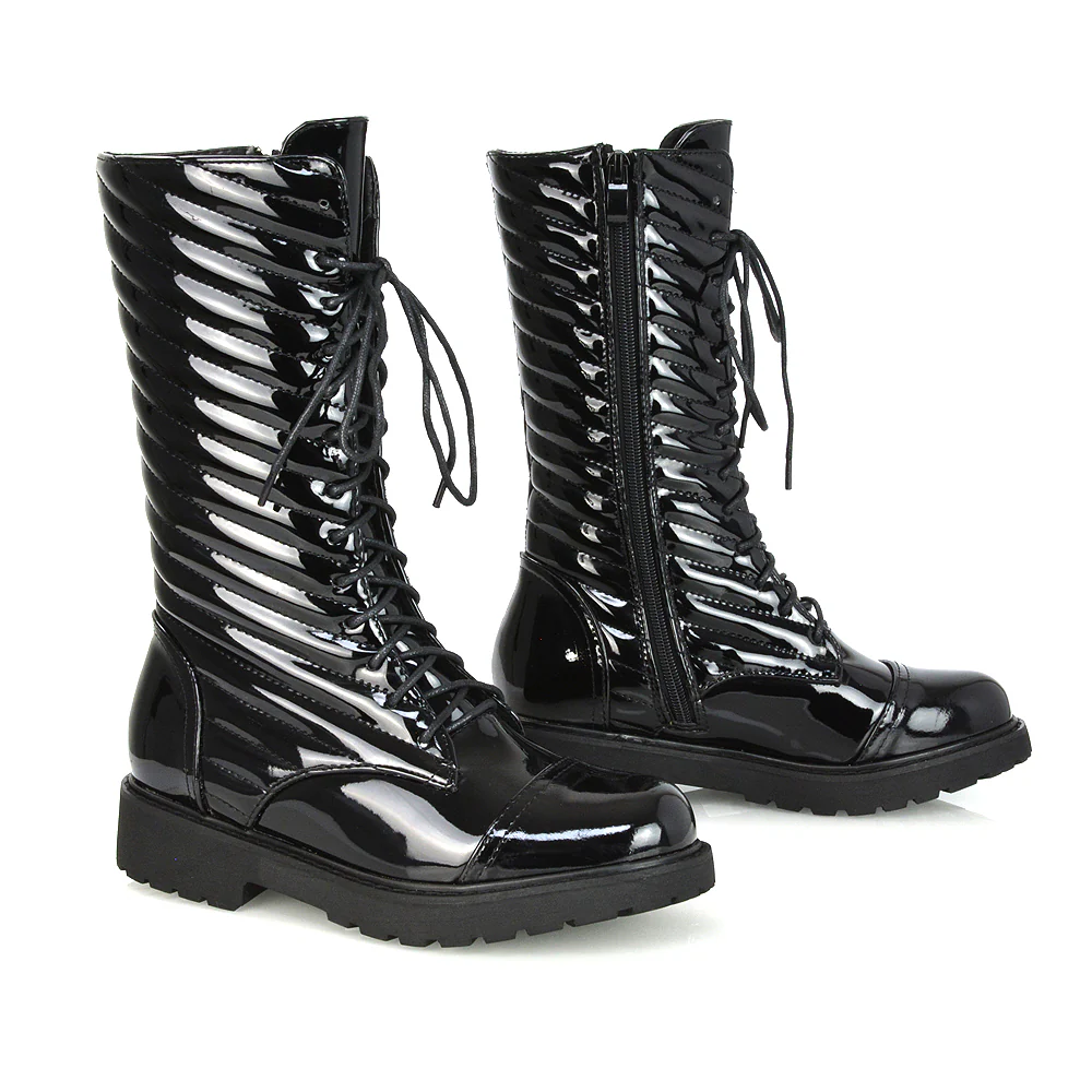 Meadow Padded Detail Zip-up Flat Biker Lace up Ankle Combat Boots in Black Synthetic Leather - Image 56