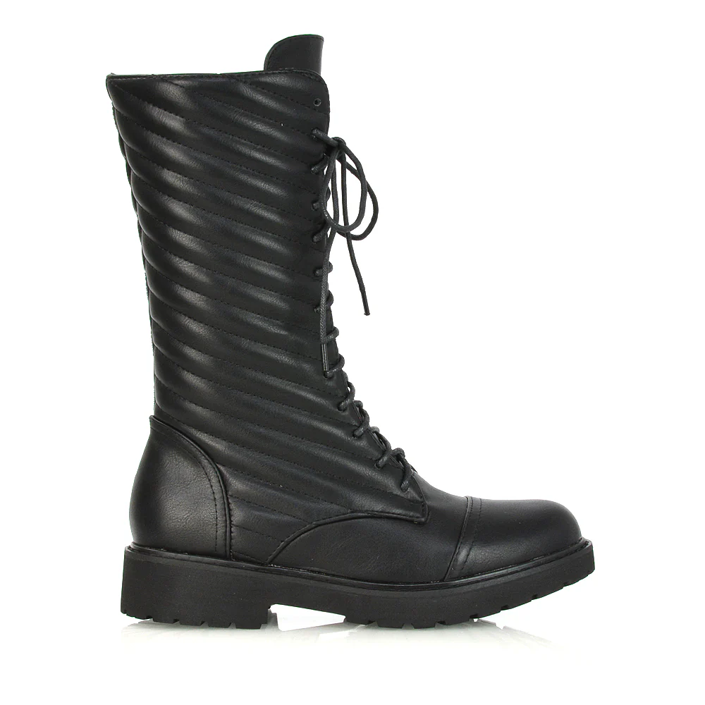 Meadow Padded Detail Zip-up Flat Biker Lace up Ankle Combat Boots in Black Synthetic Leather - Image 8
