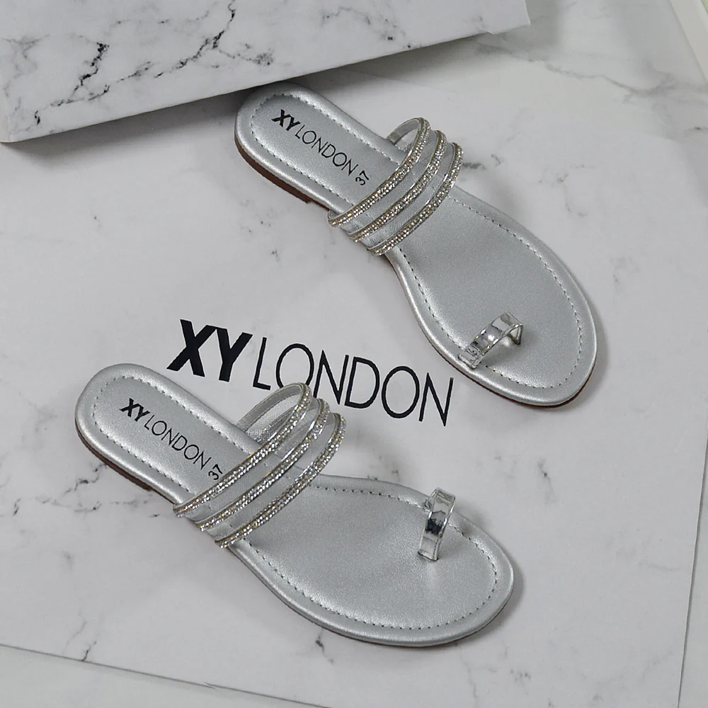 Meghan Embellished Strappy Slip on Toe Post Flat Diamante Sandals in Black - Image 36