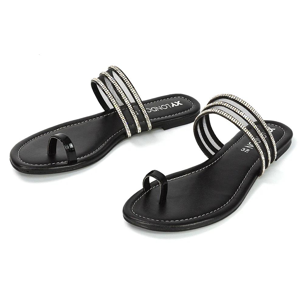 Meghan Embellished Strappy Slip on Toe Post Flat Diamante Sandals in Black - Image 53