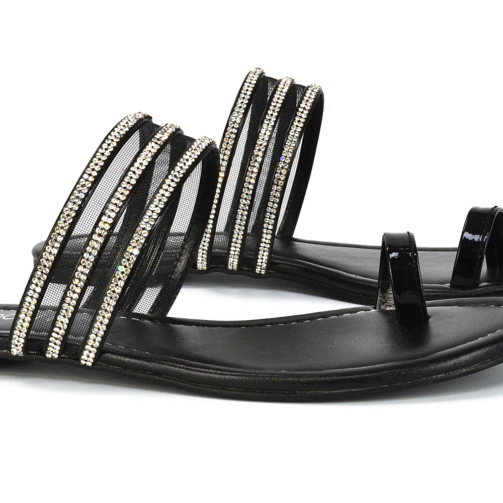 Meghan Embellished Strappy Slip on Toe Post Flat Diamante Sandals in Black - Image 82