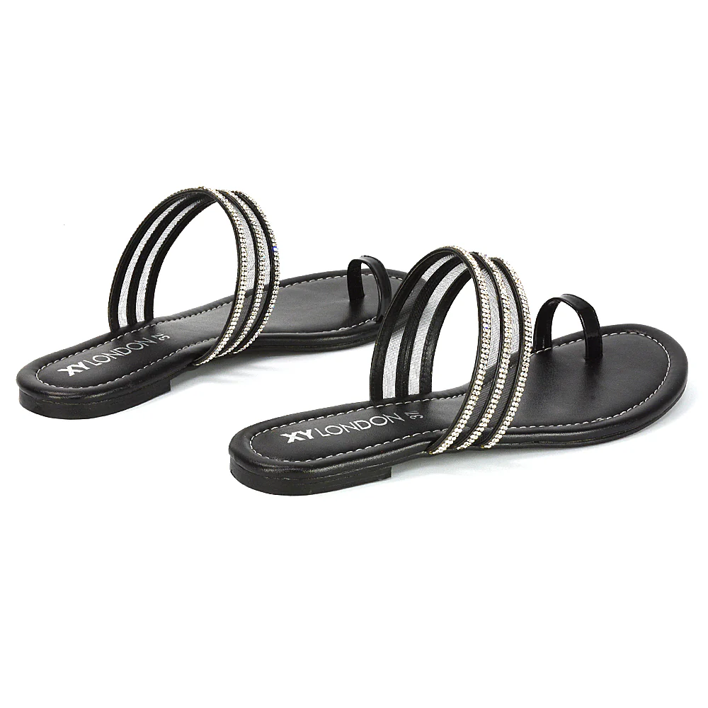 Meghan Embellished Strappy Slip on Toe Post Flat Diamante Sandals in Black - Image 85