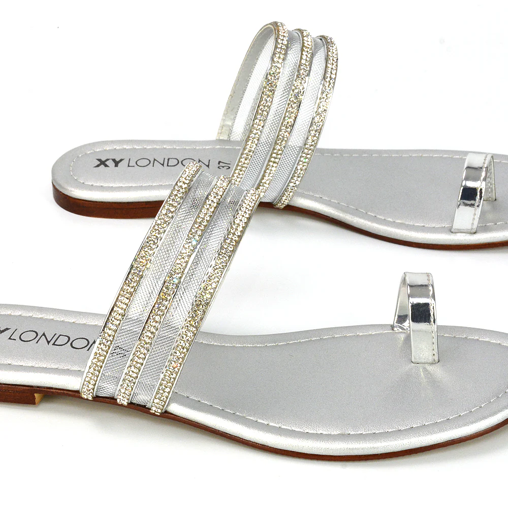 Meghan Embellished Strappy Slip on Toe Post Flat Diamante Sandals in Silver - Image 22