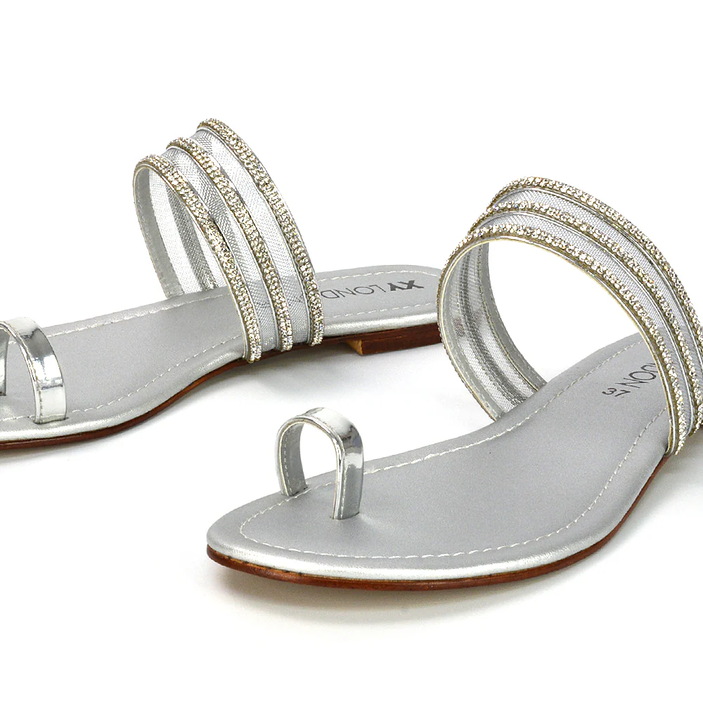 Meghan Embellished Strappy Slip on Toe Post Flat Diamante Sandals in Silver - Image 5