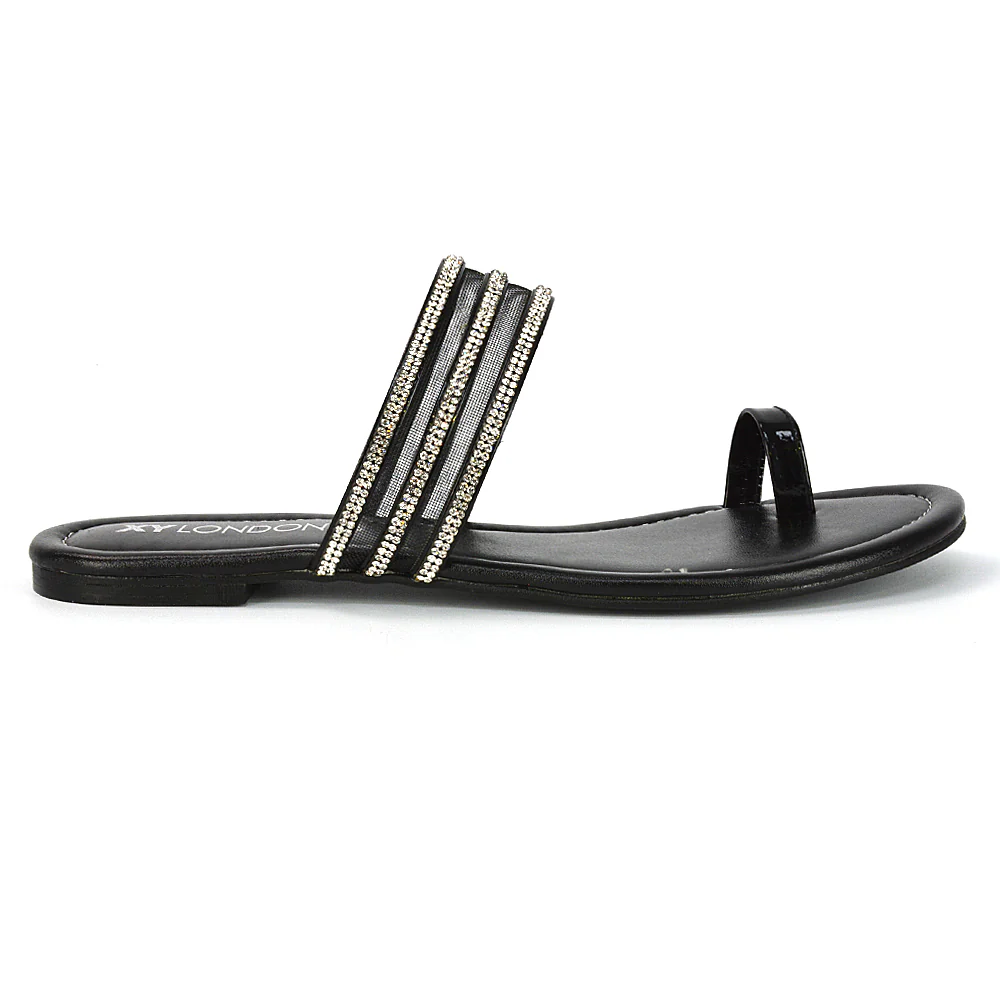 Meghan Embellished Strappy Slip on Toe Post Flat Diamante Sandals in Silver - Image 57