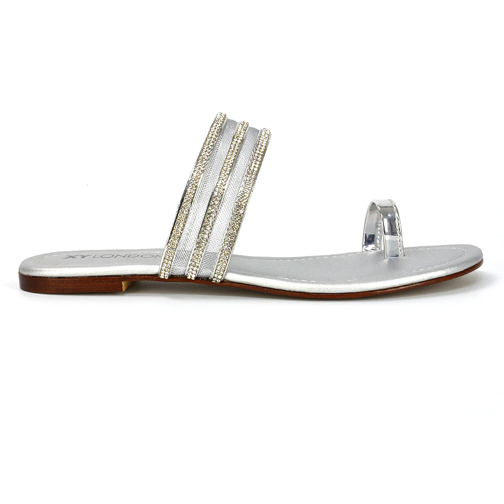 Meghan Embellished Strappy Slip on Toe Post Flat Diamante Sandals in Silver - Image 9