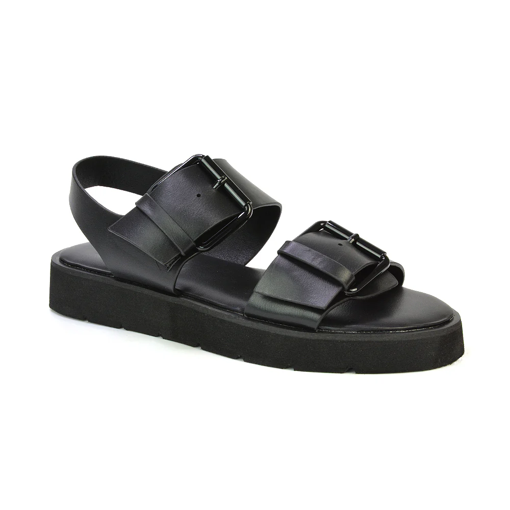 Melina Double Buckle Up Slingback Strappy Flatform Flat Sandals in Black - Image 2