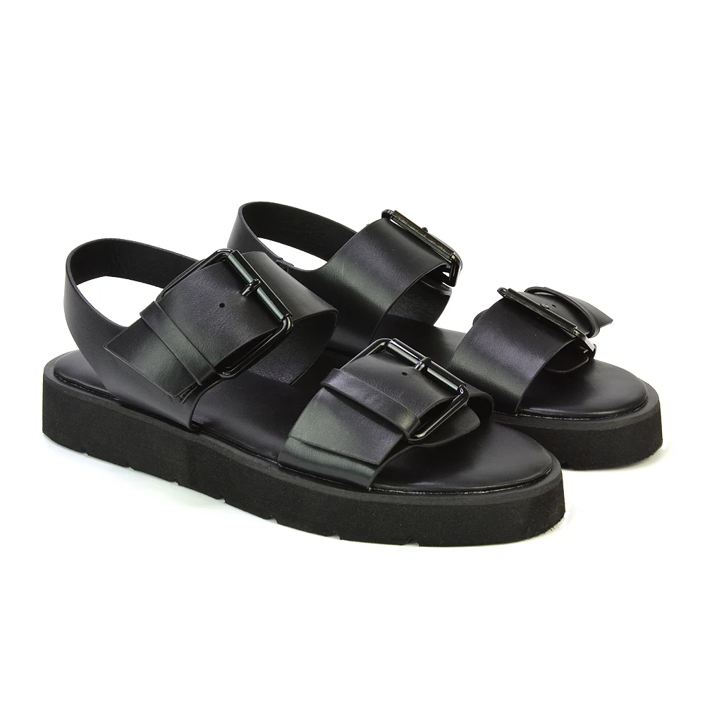 Melina Double Buckle Up Slingback Strappy Flatform Flat Sandals in Black - Image 29