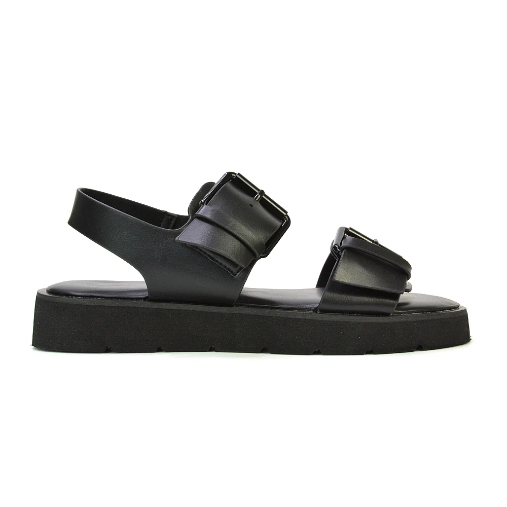 Melina Double Buckle Up Slingback Strappy Flatform Flat Sandals in Black - Image 3