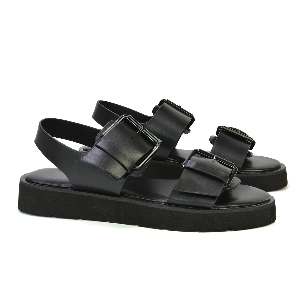 Melina Double Buckle Up Slingback Strappy Flatform Flat Sandals in Black - Image 4