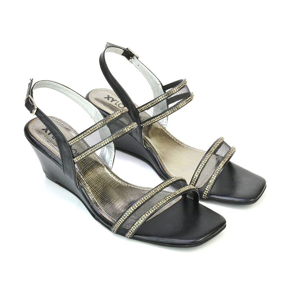 Melinda Strappy Square Toe Diamante Wedge Heel Sandals in Black - Image 4