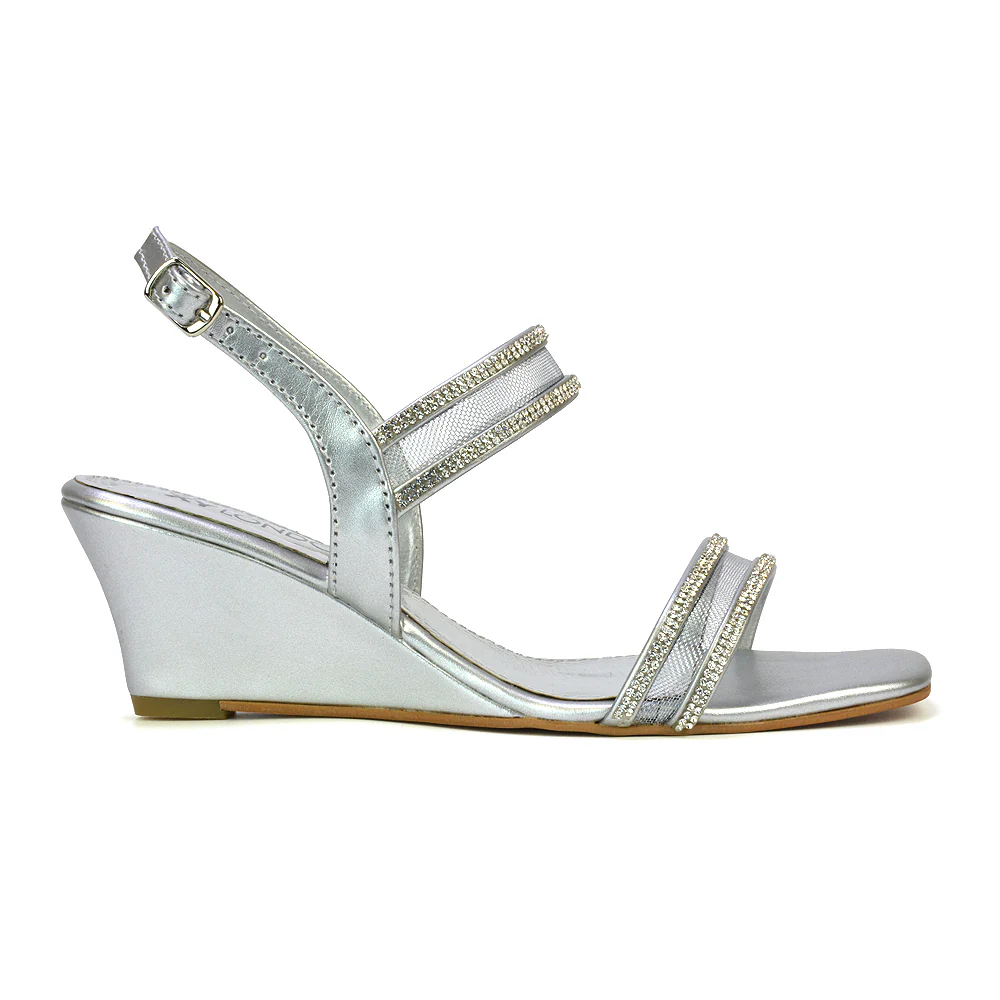 Melinda Strappy Square Toe Diamante Wedge Heel Sandals in Black - Image 6