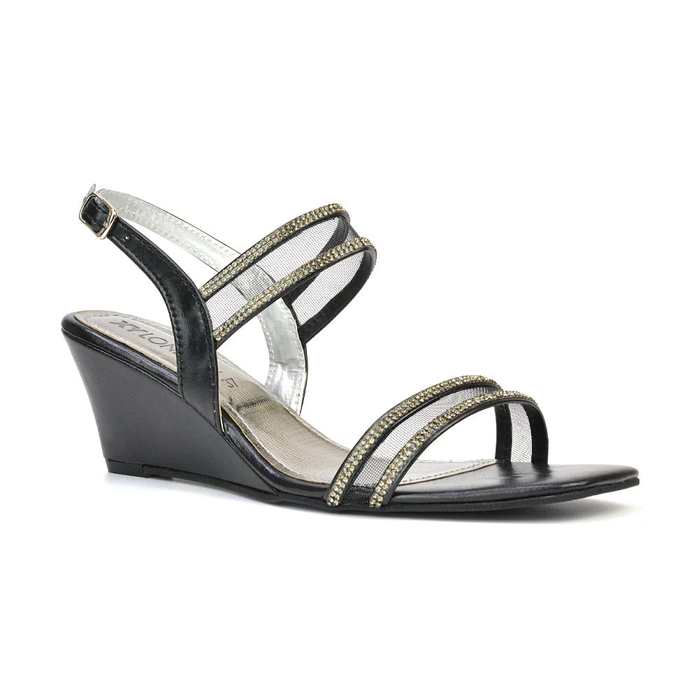 Melinda Strappy Square Toe Diamante Wedge Heel Sandals in Black - Image 77