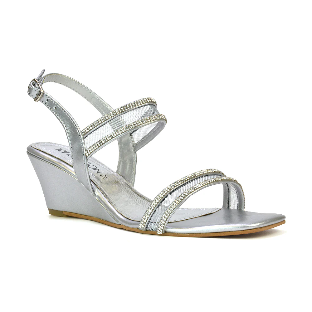 Melinda Strappy Square Toe Diamante Wedge Heel Sandals in Black - Image 8