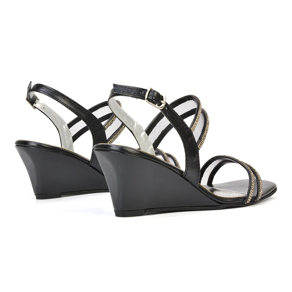 Melinda Strappy Square Toe Diamante Wedge Heel Sandals in Black - Image 80