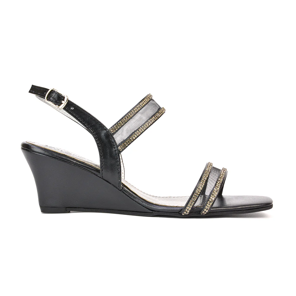 Melinda Strappy Square Toe Diamante Wedge Heel Sandals in Black - Image 83