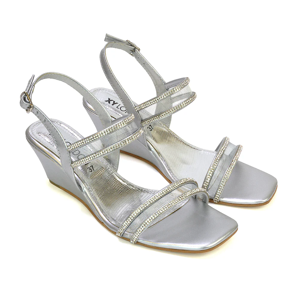 Melinda Strappy Square Toe Diamante Wedge Heel Sandals in Black - Image 9