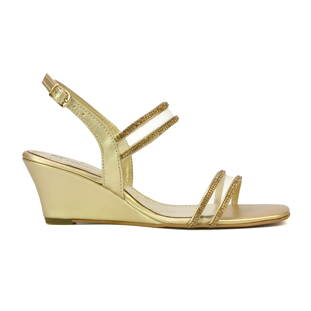 Melinda Strappy Square Toe Diamante Wedge Heel Sandals in Silver - Image 43