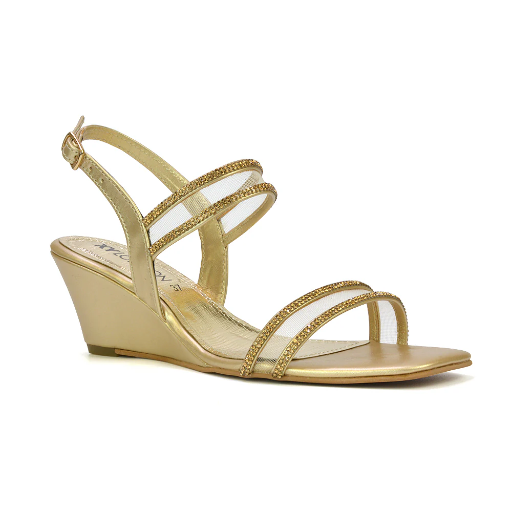 Melinda Strappy Square Toe Diamante Wedge Heel Sandals in Silver - Image 47