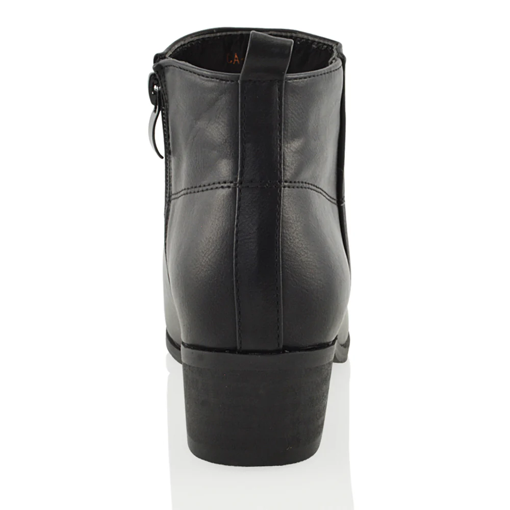 Melodie Zip Up Cowboy Ankle Boots With Low Block Heel in Black PU - Image 2