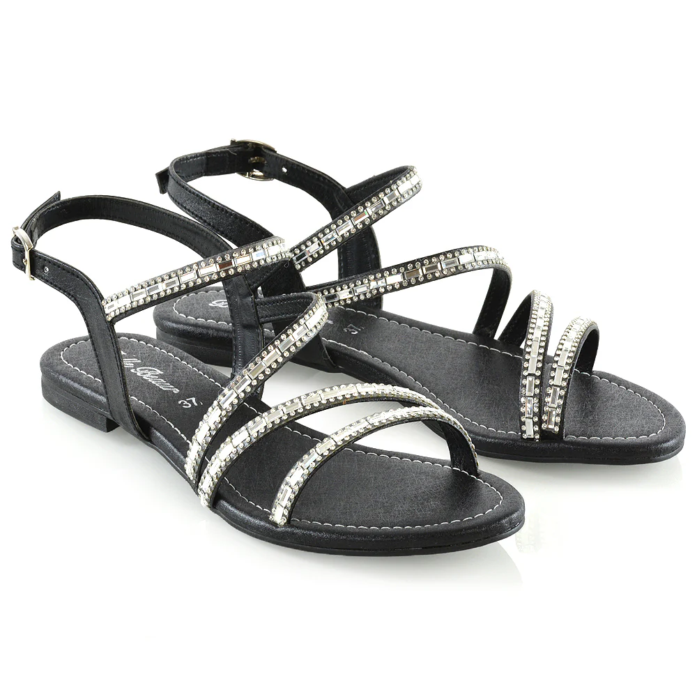 Mercedes Flat Diamante Sandals With Buckle Ankle Strap in Black - Image 11