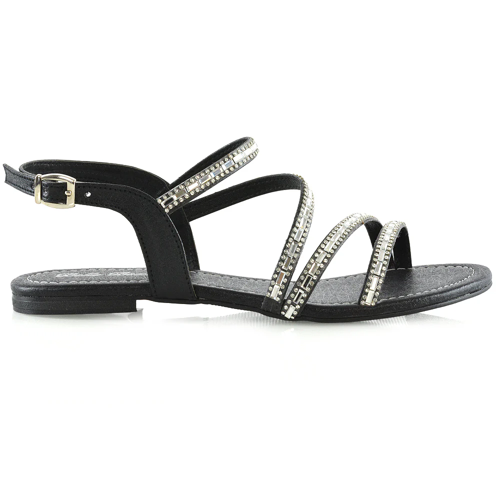 Mercedes Flat Diamante Sandals With Buckle Ankle Strap in Black - Image 2