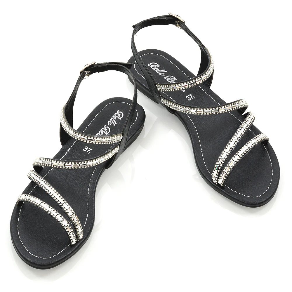 Mercedes Flat Diamante Sandals With Buckle Ankle Strap in Black - Image 4