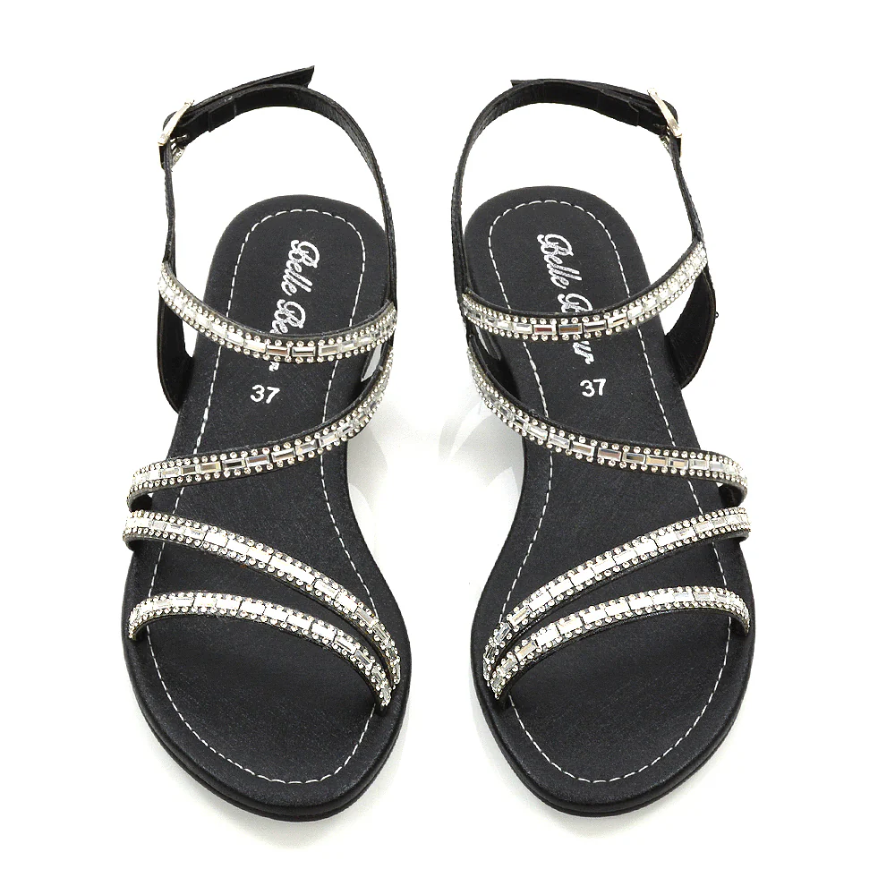 Mercedes Flat Diamante Sandals With Buckle Ankle Strap in Black - Image 5