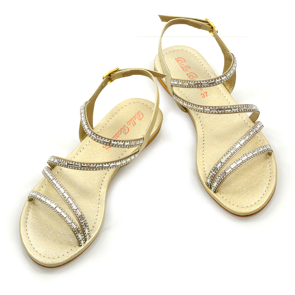 Mercedes Flat Diamante Sandals With Buckle Ankle Strap in Gold - Image 4