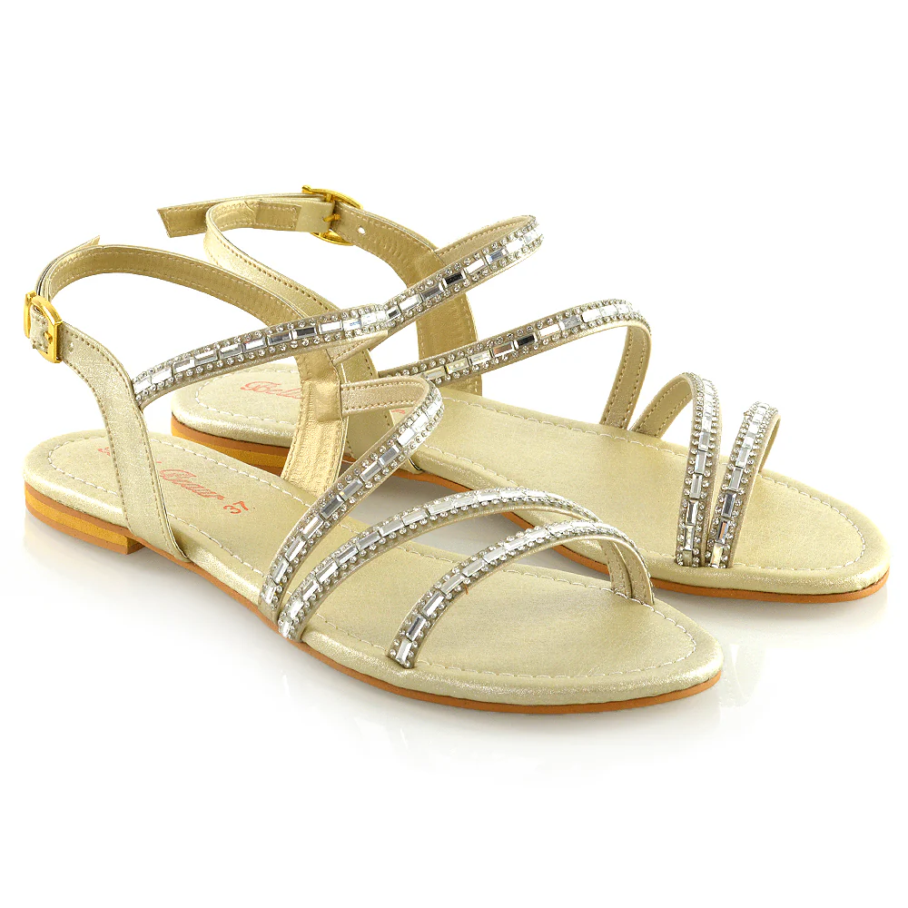 Mercedes Flat Diamante Sandals With Buckle Ankle Strap in Gold - Image 5