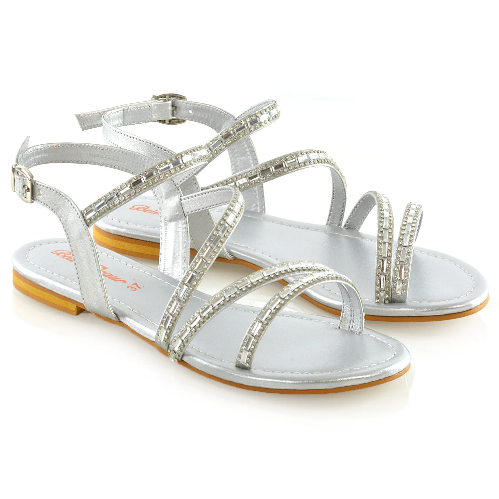 Mercedes Flat Diamante Sandals With Buckle Ankle Strap in Silver - Image 3