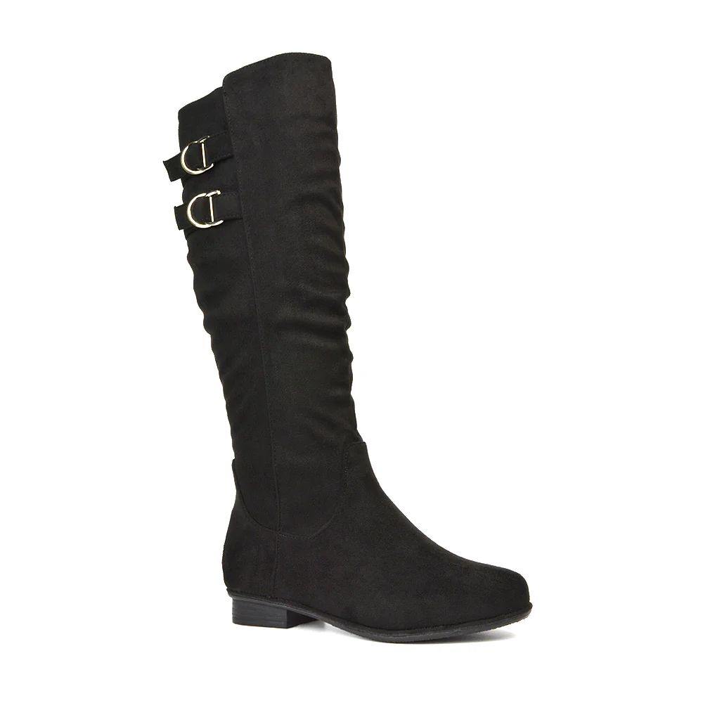 Mia Women's Slouchy Flat Heel Knee High Boots With Buckle Detail in Black Synthetic Leather - Image 11