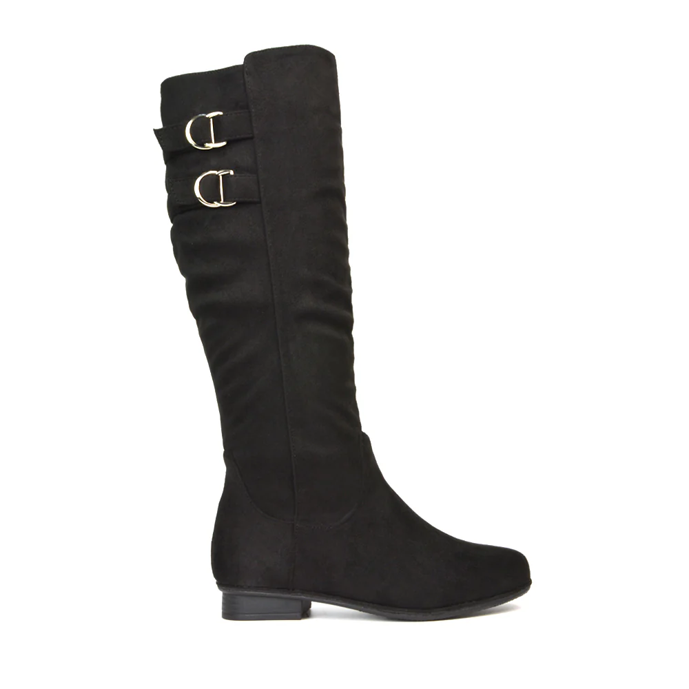 Mia Women's Slouchy Flat Heel Knee High Boots With Buckle Detail in Black Synthetic Leather - Image 12