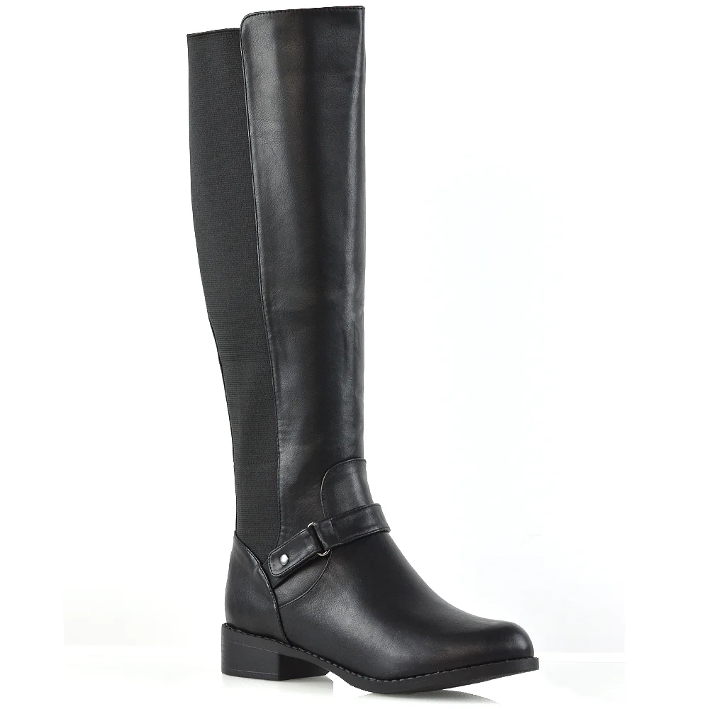 MIKAYLA WINTER ELASTICATED ZIP-UP FLAT KNEE HIGH BOOTS IN BLACK SYNTHETIC LEATHER - Image 7