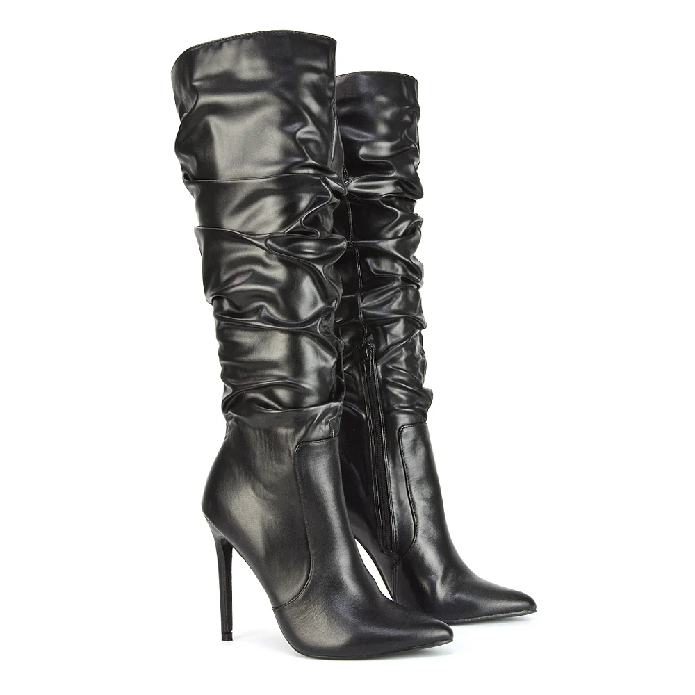 Milani Statement Ruched Pointed Toe Stiletto High Heel Knee High Boots in Black Faux Suede - Image 38