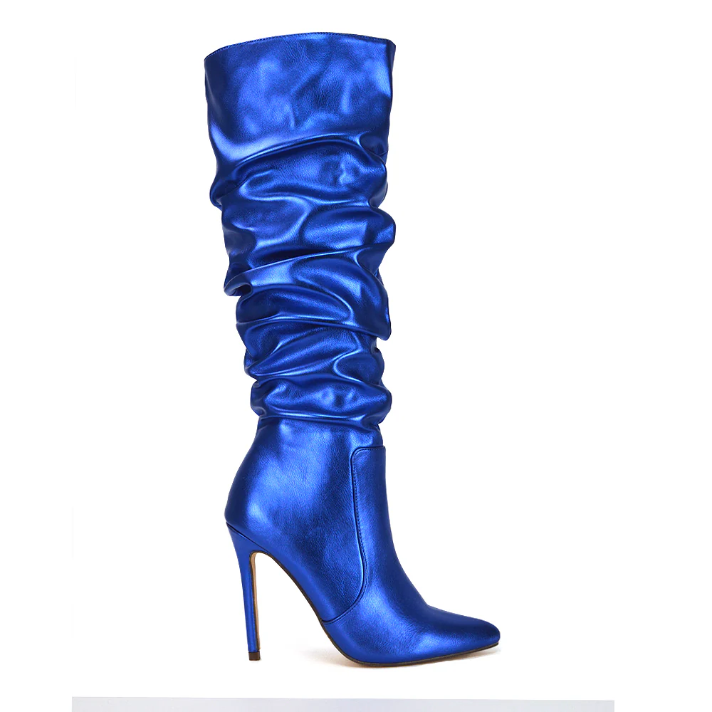 Milani Statement Ruched Pointed Toe Stiletto High Heel Knee High Boots in Black Synthetic Leather - Image 12