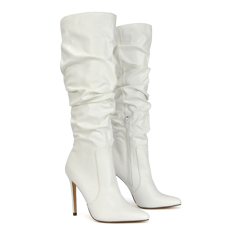 Milani Statement Ruched Pointed Toe Stiletto High Heel Knee High Boots in Black Synthetic Leather - Image 56