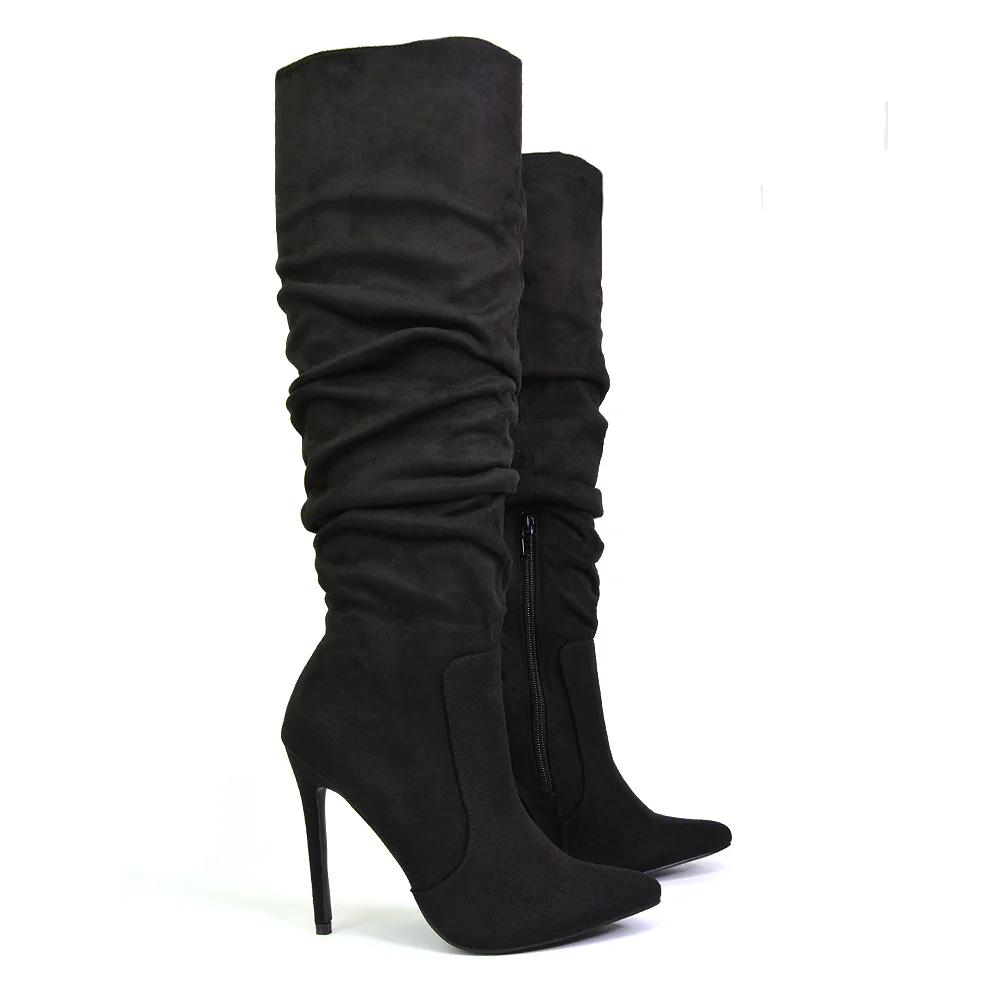 Milani Statement Ruched Pointed Toe Stiletto High Heel Knee High Boots in Electric Blue Metallic - Image 157