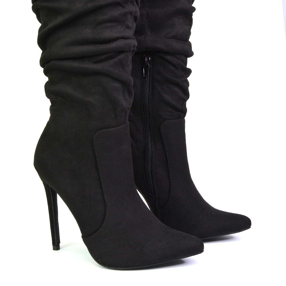 Milani Statement Ruched Pointed Toe Stiletto High Heel Knee High Boots in Gold Metallic - Image 149