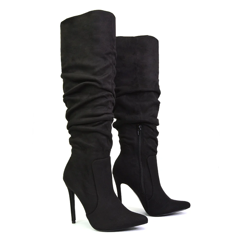 Milani Statement Ruched Pointed Toe Stiletto High Heel Knee High Boots in Gold Metallic - Image 153