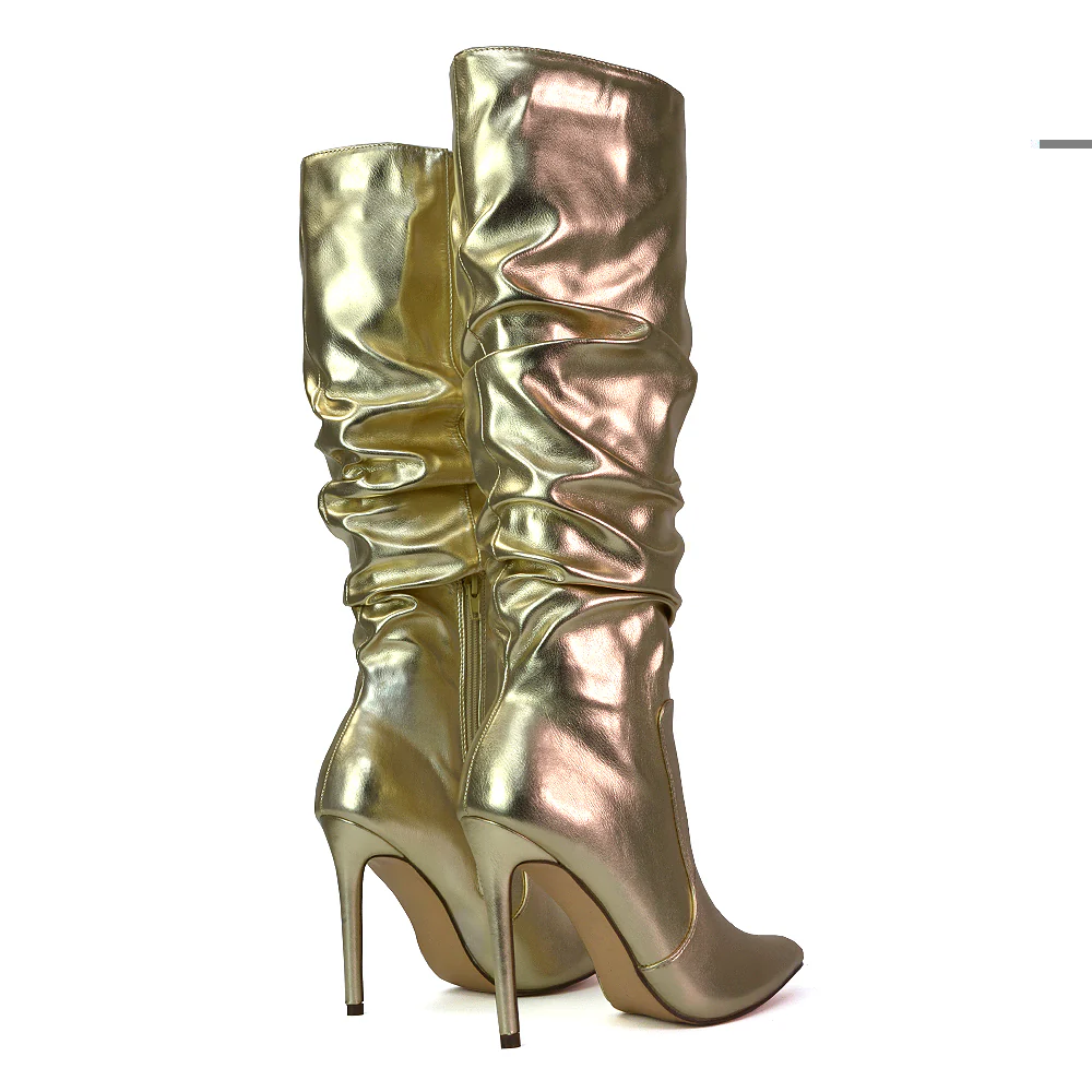 Milani Statement Ruched Pointed Toe Stiletto High Heel Knee High Boots in Gold Metallic - Image 2