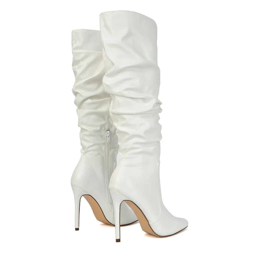 Milani Statement Ruched Pointed Toe Stiletto High Heel Knee High Boots in Gold Metallic - Image 50