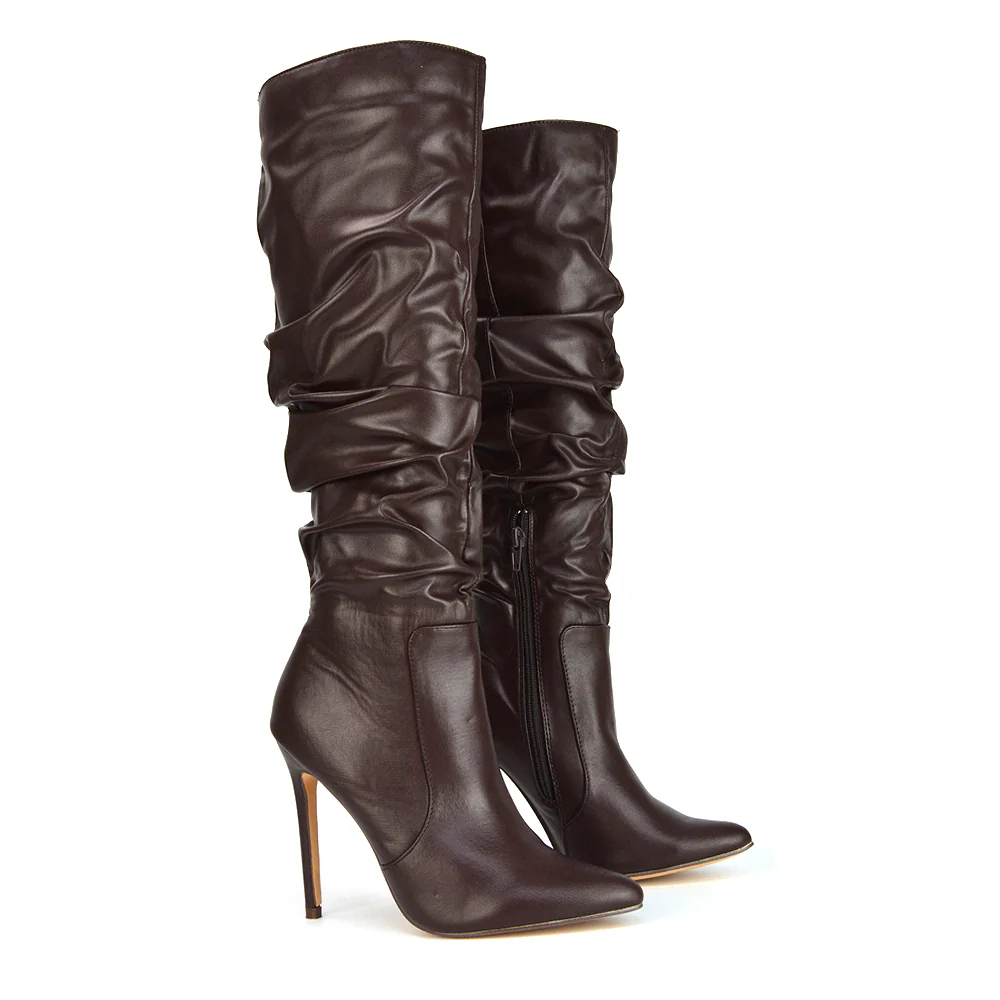 Milani Statement Ruched Pointed Toe Stiletto High Heel Knee High Boots in Gold Metallic - Image 60