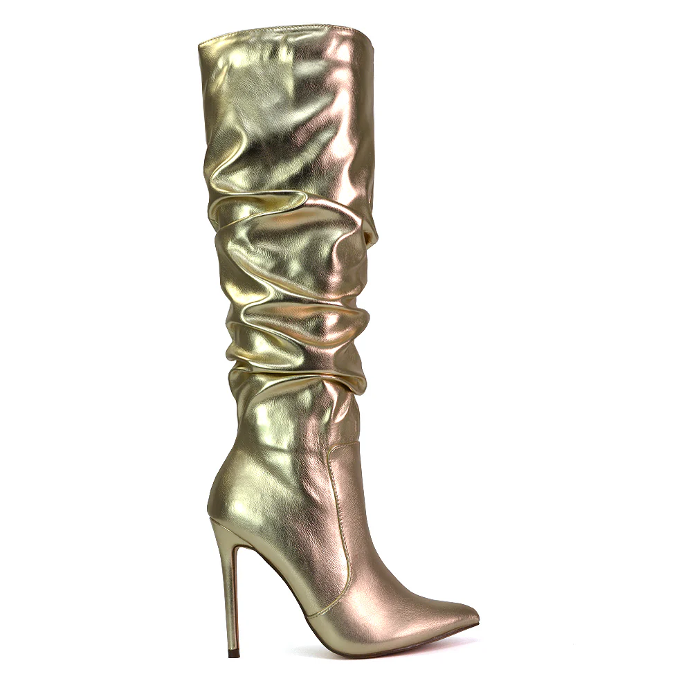 Milani Statement Ruched Pointed Toe Stiletto High Heel Knee High Boots in Silver Metallic - Image 125