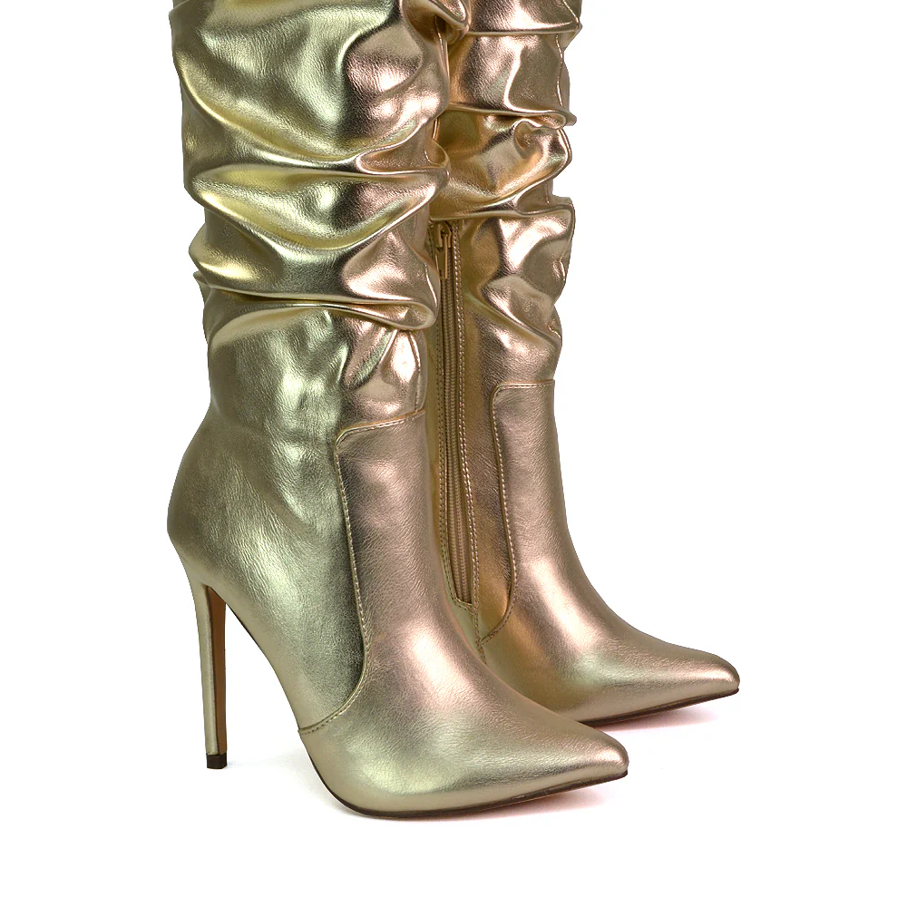 Milani Statement Ruched Pointed Toe Stiletto High Heel Knee High Boots in Silver Metallic - Image 134