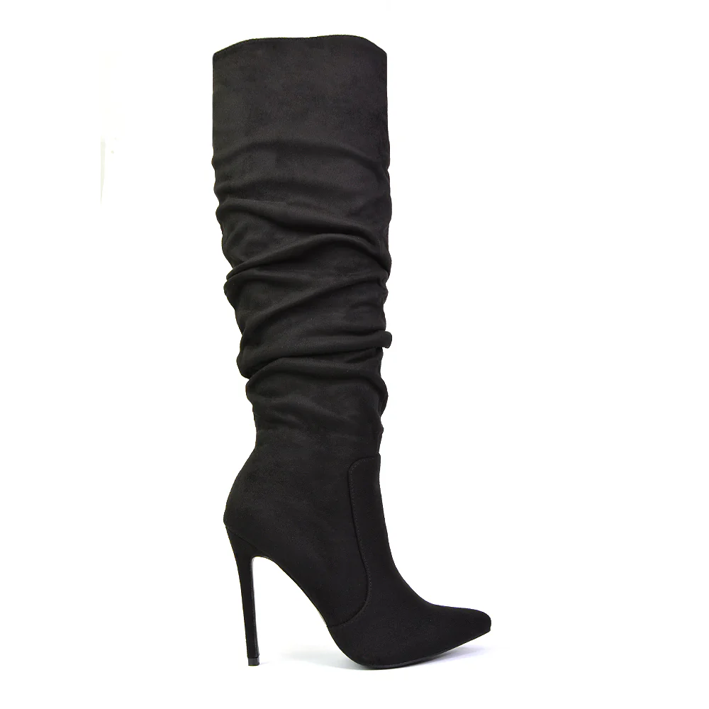 Milani Statement Ruched Pointed Toe Stiletto High Heel Knee High Boots in Silver Metallic - Image 155